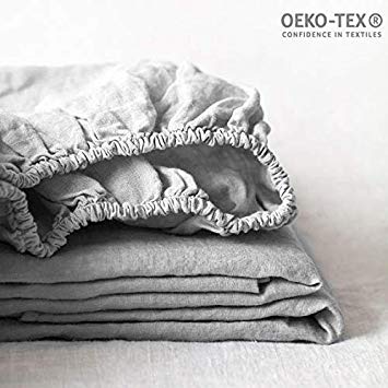 Simple&Opulence 100% Linen Fitted Sheet with 14 Inch Deep Pocket Stone Washed (Grey, King)