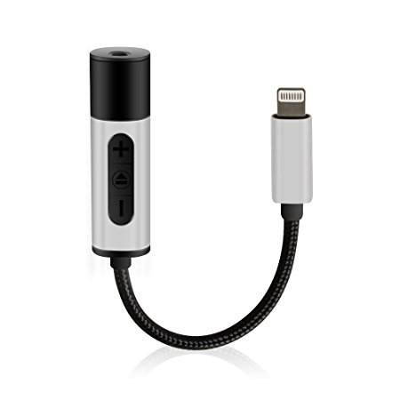 iPhone 7 / 8 Lightning Adapter with Earphone Jack / Charger, Lightning to 3.5mm Audio Jack Cable with Music Control button for IOS up to 11 [ No Phone Call Function ]