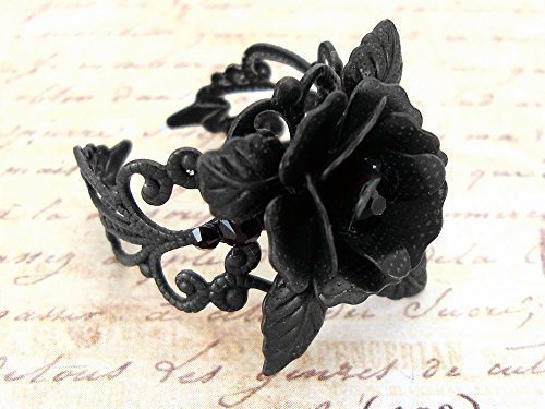 Victorian Gothic Blackened Aged Brass Rose Adjustable Filigree Ring with Romantic Swarovski Crystals