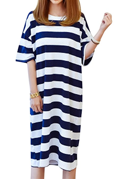 Lasher Women's Summer Short Sleeve Nightgown Stripe Sleepwear Long Sleep Dress