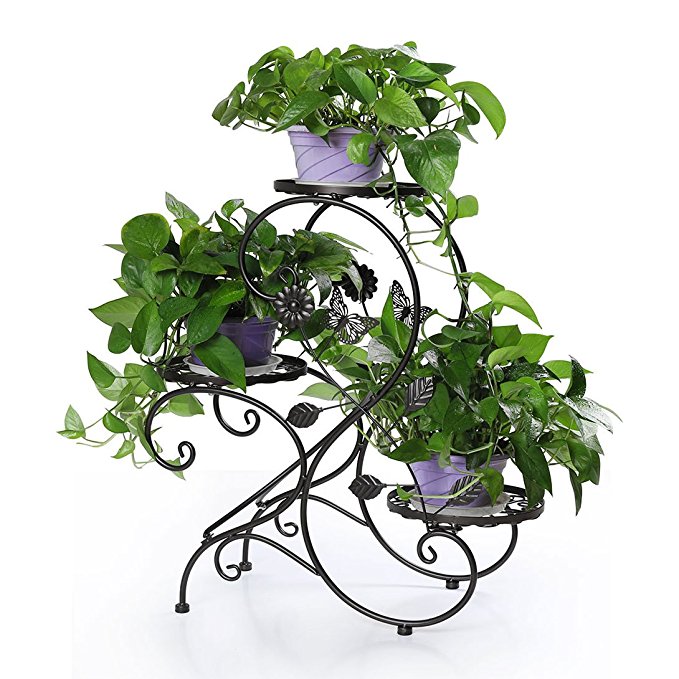 Funmall 3-Tiered Plant Flower Stand Plant Flower Pot Rack Modern S" Design (Black)