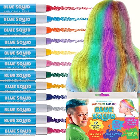HAIR CHALK GIRLS – & BOYS, 12 Temporary Hair Colour Kids, Vibrant & Washable Hair Dye Pens, Works on Dark Blond Hair, Set, Girls Hair Accessories Toy Crayons