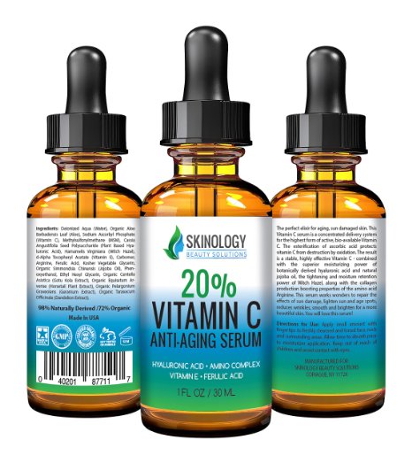 BEST ORGANIC Vitamin C 20 Serum for Face with Hyaluronic Acid Jojoba Oil ampVitamin E - Professional Facial Skin Care Against Sun Damage Dark Circles Age Spots - Anti Aging Wrinkle Moisturizer -1 oz