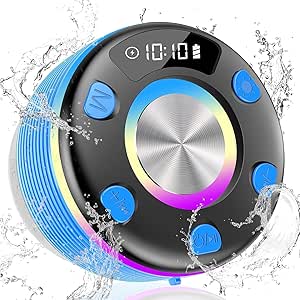 Bluetooth Shower Speaker, Portable Speakers Bluetooth 5.3 with HD Sound, IPX7 Waterproof, Colorful RGB Light/LED Display/FM Radio/Hands-Free Call/Suction Cup, Perfect for Bathroom Sing-Along, Blue