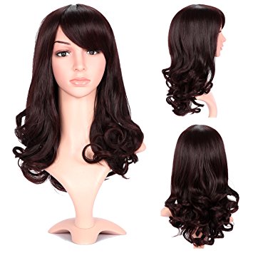 Dreamlover Women's Wigs, Medium Length Curly Dark Brown Side Bangs, with Wig Cap as a gift