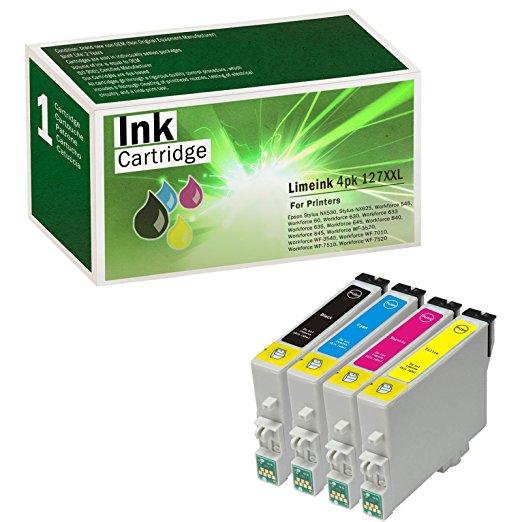Limeink 4 Pack Remanufactured 127 Extra High Yield Ink Cartridges (1 Black, 1 Cyan, 1 Magenta, 1 Yellow) Compatible for Epson Workforce 60 545 630 633 635 645 840 845 3520 3530 3540 7010 7510 7520