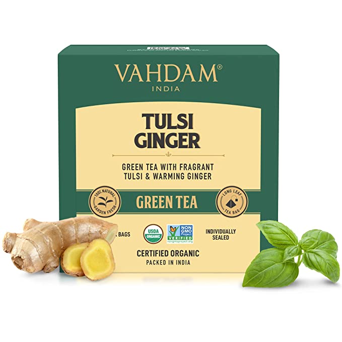 VAHDAM Organic Tulsi Ginger Tea - 15 Green Tea Bags | 100% Whole Leaf, USDA Certified Green Tea for Weight Loss Fast | Pure Detox Tea & Digestive Health Drink