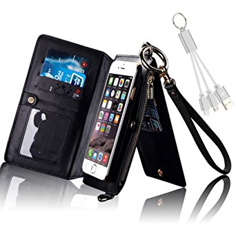iPhone 6S Plus/6 Plus 5.5 inch Zipper Wallet Case,Vandot Multifunctional Luxury Genuine Leather Cover Purse Bag Flip Folio Magnetic Stand Detachable Cover with Wrist Strap Card Slots USB Cable-Black