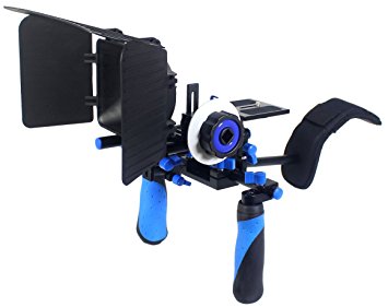 Pro Steady DSLR Complete Movie Rig with Shoulder Mount and Follow Focus System and a Matte Box Shading Card for All DSLR Cameras & Video Camcorders (Blue)