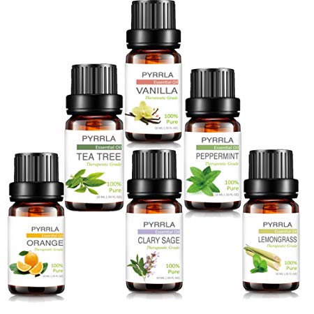PYRRLA Essential Oils,Top 6 Aromatherapy essential oil Box Basic sampler by (Tea Tree/Peppermint/Vanilla/clary Sage/Lemongrass/Orange)