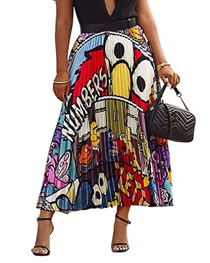 ThusFar Women's Graffiti Pleated Skirts Cartoon Printed Elastic Waist A-Line Swing Midi Skirt