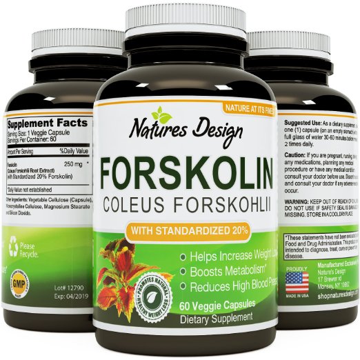 Pure Forskolin Extract for Weight Loss Supplement 60 V Capsules 1 Powerful Antioxidant - Maximum Strength Belly Buster - Healthy Weight Management - Get Lean and Trim For Men and Women by Natures Design