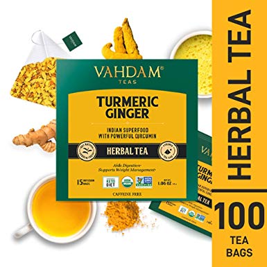 VAHDAM, Turmeric   Ginger POWERFUL SUPERFOOD Herbal Tea, 100 Count | Turmeric Tea Bags | Herbal Tea Bags | POWERFUL Wellness & Healing Properties of TURMERIC TEA with GINGER | Detox Tea