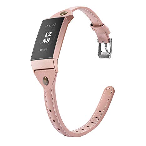 Wearlizer Compatible with Fitbit Charge 3 Bands for Women Leather Slim Thin Leather Charge 3 hr SE Special Edition Rose Gold Band Accessories Strap