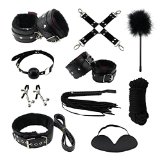 Paloqueth Sex Tools 10pcs Fabric Bondage Sets with Hand Cuff Ankle Cuff Cross Whip Nipple Clamps Blindfold Sex Slave Neck Collar Mouth Gag Bondage Rope Flirting Feathers Black