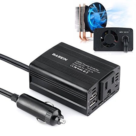 BASEIN 150W Power Inverter for Car Converter DC 12V to 110V AC Inverter with 3.1A Dual USB Charging Ports