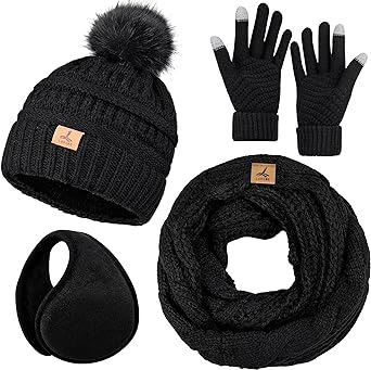 Winter Hat Scarf Gloves and Ear Warmer, Warm Knit Beanie Hat Touch Screen Gloves Set Winter Gifts Neck Scarves for Women