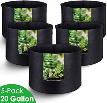 MAXSISUN 5-Pack 20 Gallon Plant Grow Bags, Heavy Duty Thickened Non-Woven Aeration Fabric Pots Container with Reinforced Handles for Gardening