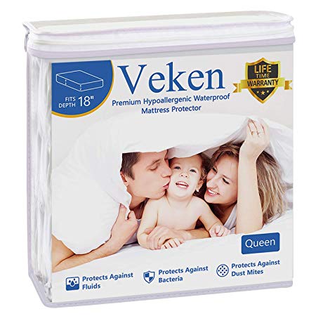 Veken Waterproof Mattress Protector, Queen Size Hypoallergenic 100% Cotton Breathable Washable Mattress Cover Pad for Bedding, Kids and Pets - Vinyl Free