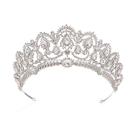 SWEETV Luxury Silver Princess Tiara Royal Pageant Party Wedding Crown Crystal Bridal Headpiece