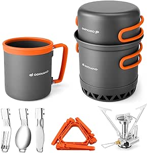 Odoland Camping Pots with Heat Exchanger Camping Cooking Set with Portable Camping Stove Camping Mess Kit Include Mug, Folding Utensil Set, Canister Stabilizer for Backpacking Outdoor Hiking & Picnic