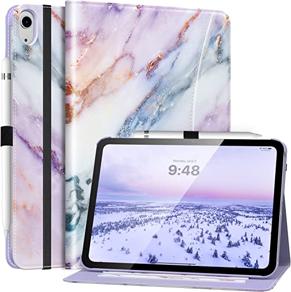 MoKo iPad 10th Generation Case iPad 10.9 Inch Case 2022, iPad Case 10th Generation [Multi-Angle Viewing] Smart Cover with Hand Strap, Support Touch ID&Auto Wake/Sleep, Purple Marble