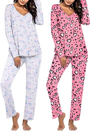 Ekouaer Womens 2 Pack Pajama Set Long Sleeve Pajamas Top and Pants V Neck Pjs Set Soft Sleepwear Loungewear S-XXL