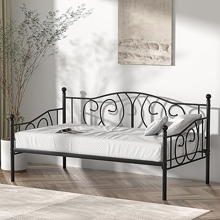 VECELO Metal Daybed Frame Multifunctional Platform Bed Sofa Mattress Foundation with Deluxe Headboard, Twin, Black