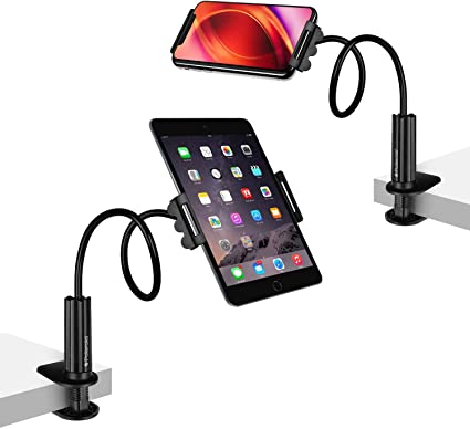 Polaroid Gooseneck Tablet or Phone Holder with Secure Clamp and Table Grip Stand for Reading, Studying, Watching, and Working – Fits All Devices Between 4.5" - 7.1" inch – Flexible Arm – Black