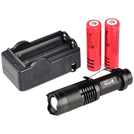 WindFire CREE XML-T6 U2 LED 1800 Lumens ZOOMABLE 5 Modes Flashlight Torch Lamp Mini 18650 Flashlight Torch (Black Flashlight with 2 Batteries and Charger)