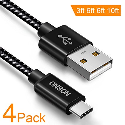 USB Type C Cable,ONSON 4Pack 3FT 6FT 6FT 10FT Nylon Braided USB A to USB C fast Charger Cord for Samsung Galaxy Note 8 S8 S8 Plus,Pixel XL,LG V30 G5 G6 V20,Nexus 5X 6P,Google Pixel,New Macbook -Black