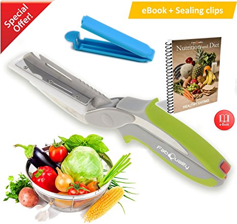 FabQuality Clever Cutter Knife Cutter 5-in-1 Kitchen Tool Slicer Dicer Vegetable Chopper Replacement Knife - Bonus food bag Sealing clips Included   Healthy eating eBook (English)
