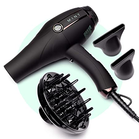Professional Series STEALTH Ionic  Technology Hair Blow Dryer with Diffuser by MINT | Extremely Quiet with 1875 Watts of Salon-Grade Drying Power.