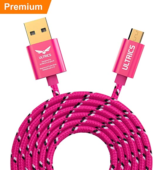 ULTRICS Micro USB Cable 2M, Nylon Braided High Speed Long Android Charger Cord, Fast Charging Data Sync Lead Compatible with Samsung S7/ S6 Edge, LG, Nokia, Nexus, Tablet, PS4, Xbox One – Hot Pink