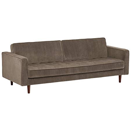 Rivet Aiden Tufted Mid-Century Velvet Bench Seat Sofa, Without Side Pillows, 86.6"W, Grey