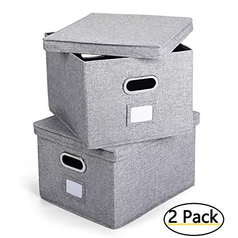 Magicfly Collapsible File Box with Lid and Metal Handle, Decorative Documents Storage Organizer with Linen Filing, Home & Office Bin, Letter and Legal, Gray, Pack of 2