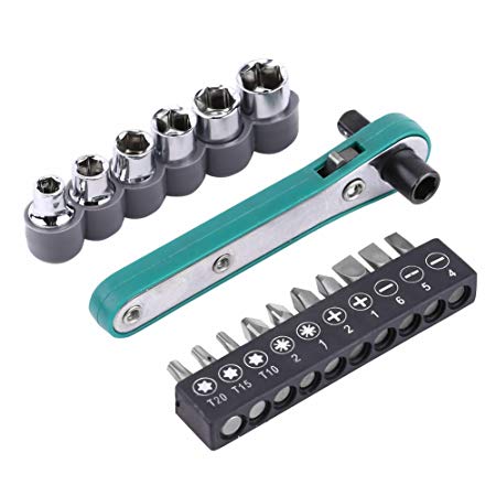 17pcs Mini Ratcheting Screwdriver Bit Set with Socket Wrench-Flat Bits, Phillips Bits, Torque Bits