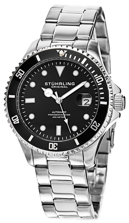 Stuhrling Men's Watch HN792.01 Speacialty Automatic Sport "Aquadiver Regatta" Date Stainless Steel Link Bracelet Black Dial Diver Watch