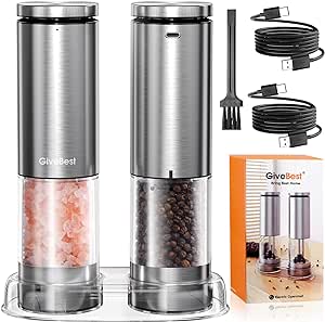 Upgraded Larger Capacity, GvieBest Electric Salt and Pepper Grinder Set Rechargeable, Stainless Steel Pepper and Salt Grinder Mill, Automatic Pepper Shakers with Adjustable Coarseness