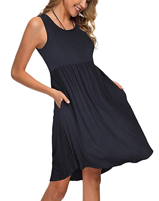 KILIG Women's Sleeveless Pockets High Low Pleated Casual Loose Swing Summer Dress