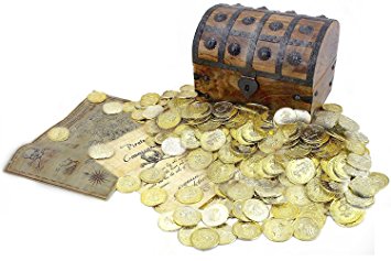 WellPackBox Large 8x6x6 Wooden Pirate Treasure Chest Box 150 Gold Coins Map and Pirate Document