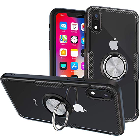 iPhone XR Case | Transparent Crystal Clear Cover | Carbon Fiber Trim & Rubber Bumper | 360° Rotating Magnetic Finger Ring | Kickstand | Compatible with Apple iPhone XR - Black