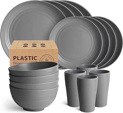 Teivio 16-Piece Kitchen Plastic Dinnerware Set, Service for 4, Dinner Plates, Dessert Plates, Cereal Bowls, Cups, Unbreakable Plastic Plates and Bowls Set, Outdoor Camping Dishes, Grey