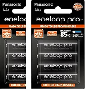 Panasonic BK-3HCCE/8BN Eneloop(Up to 2550 mAH) Pro AA high Capacity Ni-MH Pre-Charged Rechargeable Batteries, 8-Battery Pack