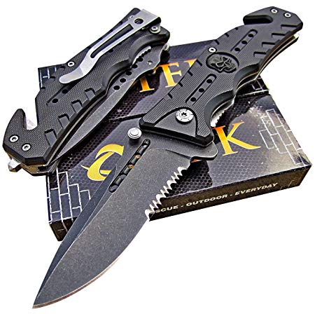 TEK Tactical Edge Knives: Black Skull Spring Assisted Opening Folding Blade Rescue Pocket Knife - Seat Belt Cutter - Glass Window Breaker