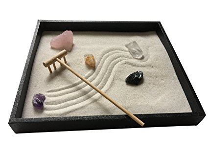 Healing Crystal Zen Garden with White Sand and Bamboo Rake