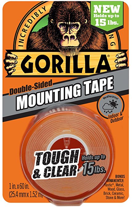 Gorilla Mounting Tape, Double Sided, Tough & Clear, 1 x 60in.- Twin Pack