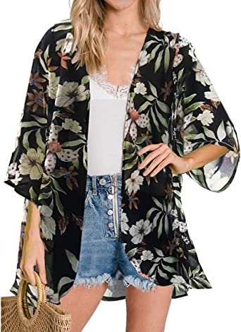 Women's Floral Print Puff Sleeve Kimono Cardigan Loose Cover Up Casual Blouse Tops