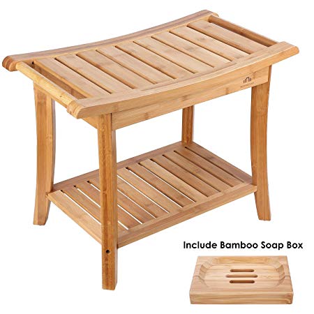 HOMECHO Bamboo Bath Shower Bench Seat Stool with 1 Soap Box for Spa Bathing and 2-Tier Storage Shelf with 2 Handles for Indoor and Outdoor HMC-BA-001