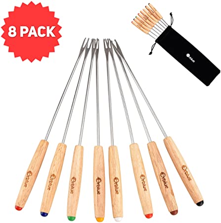 Orblue Set of 8 Fondue Forks - Color Coded Stainless-Steel Skewers with Natural Oak Wood Handles 9.5 Inches Long